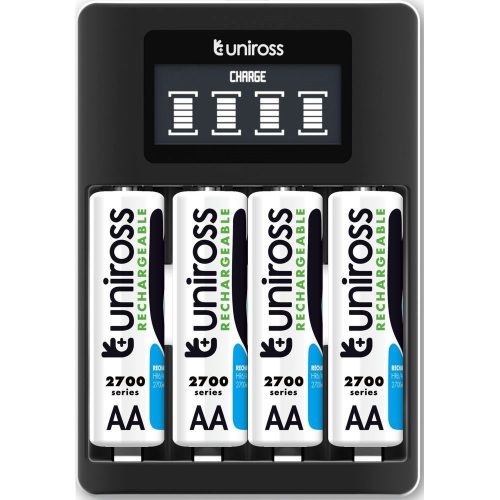 Uniross UCU005A LCD-s processzoros gyors töltő 4db 2700mAh AA akkumulátorral