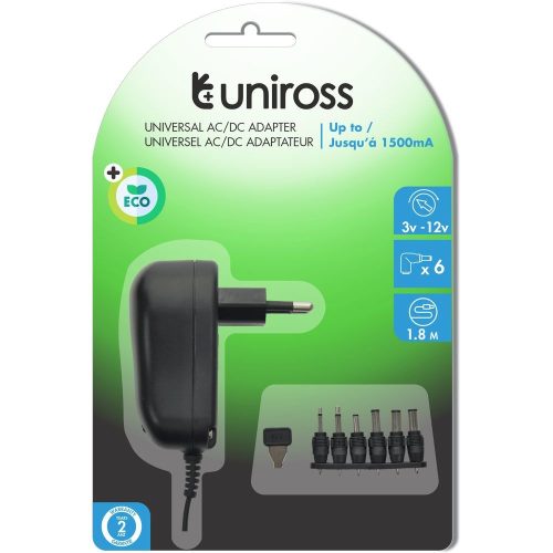 Uniross univerzális adapter 3- 12V, 6 féle csatlakozó, 1500mA, 18W, EU