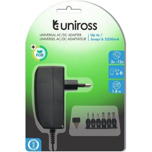 Uniross univerzális adapter 3- 12V, 6 féle csatlakozó, 2250mA, 27W, EU