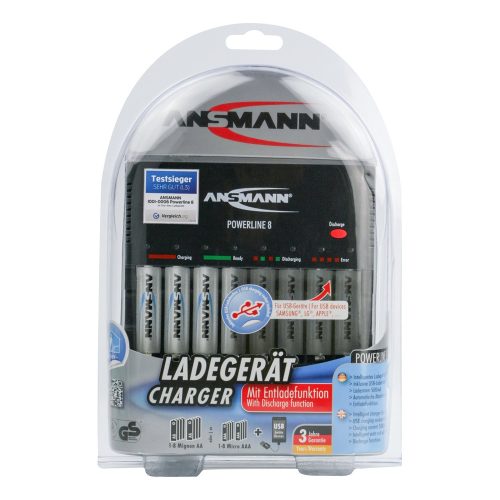 ANSMANN akkumulátortöltő 8xAA / AAA NiMH akku töltéséhez és kisütéséhez - 8-utas, USB, csepptöltés