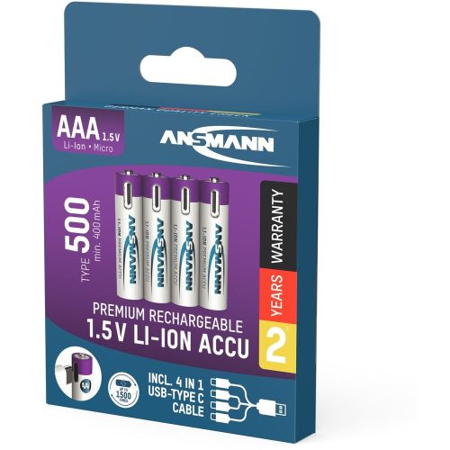 ANSMANN Li-Ion AAA akkumulátor 500mAh USB-C 4db/csomag