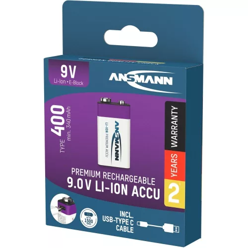 ANSMANN Li-ion 9V akkumulátor 400mAh USB-C 1db/csomag
