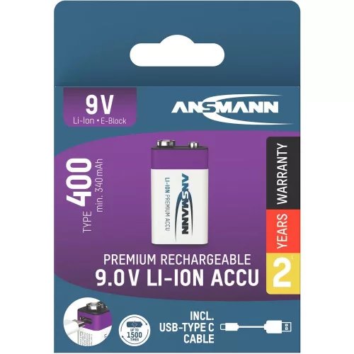 ANSMANN Li-ion 9V akkumulátor 400mAh USB-C 1db/csomag