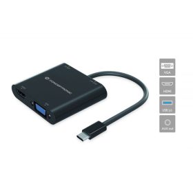  Conceptronic Notebook Dokkoló - DONN09B (Bemenet: USB-C, Kimenet: HDMI+VGA+USB-A+AUX, fekete)