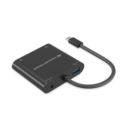 Conceptronic Notebook Dokkoló - DONN09B (Bemenet: USB-C, Kimenet: HDMI+VGA+USB-A+AUX, fekete)