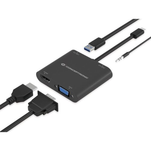 Conceptronic Notebook Dokkoló - DONN09B (Bemenet: USB-C, Kimenet: HDMI+VGA+USB-A+AUX, fekete)