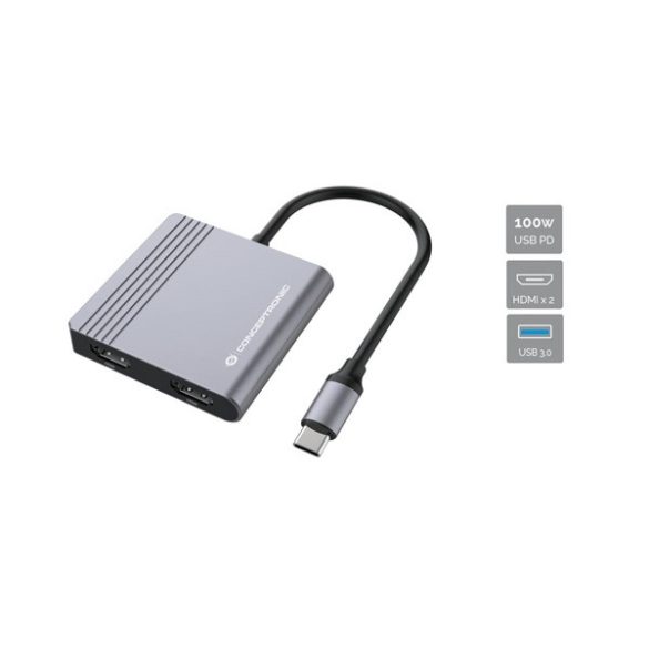 Conceptronic Notebook Dokkoló - DONN13G (Bemenet: USB-C, Kimenet: 2xHDMI+USB-C PD:100W+USB-A, ezüst)