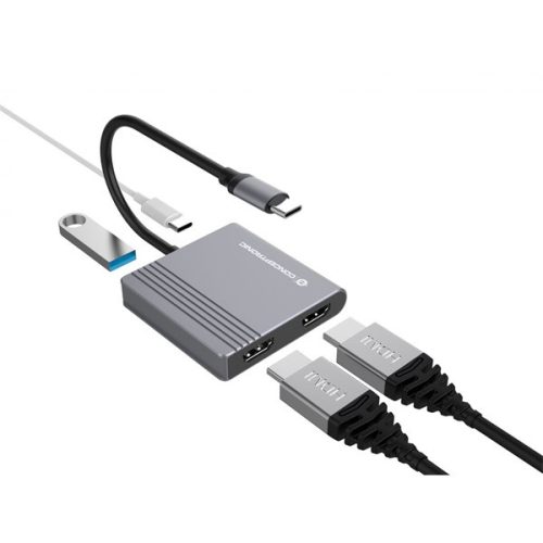 Conceptronic Notebook Dokkoló - DONN13G (Bemenet: USB-C, Kimenet: 2xHDMI+USB-C PD:100W+USB-A, ezüst)
