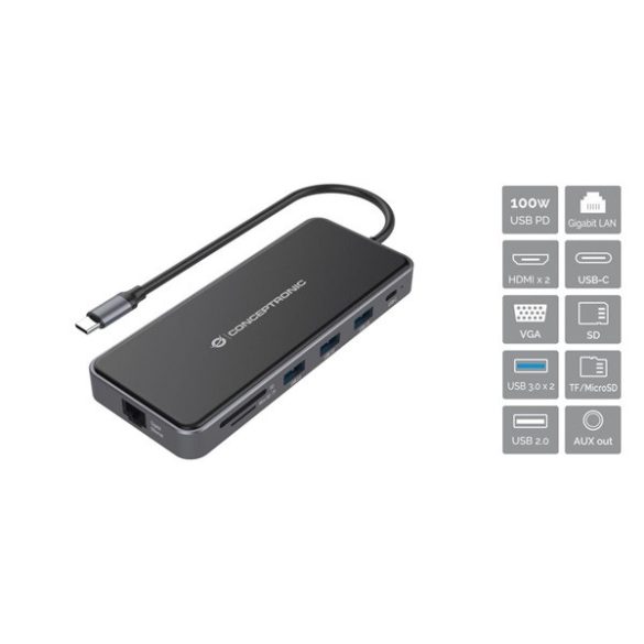 Conceptronic Notebook Dokkoló - DONN15G (Bemenet: USB-C, Kimenet: 2xHDMI+VGA+USB-C PD:100W+3xUSB-A+RJ-45+SD/TF+AUX)
