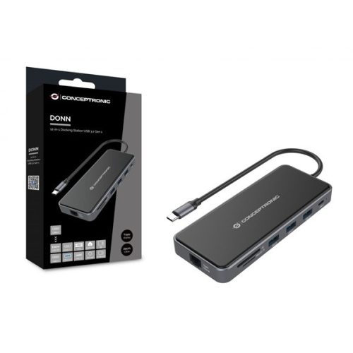 Conceptronic Notebook Dokkoló - DONN15G (Bemenet: USB-C, Kimenet: 2xHDMI+VGA+USB-C PD:100W+3xUSB-A+RJ-45+SD/TF+AUX)