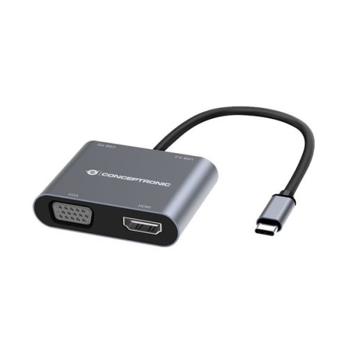 Conceptronic Notebook Dokkoló - DONN16G (Bemenet: USB-C, Kimenet: HDMI+VGA+USB-A PD:100W, ezüst)