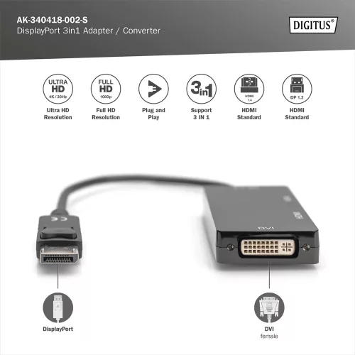 DIGITUS High Speed 1080P Full HD 4K DisplayPort 3in1 Multi Media Adapter
