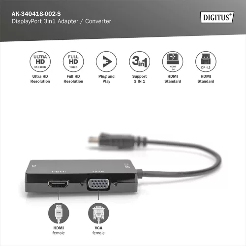 DIGITUS High Speed 1080P Full HD 4K DisplayPort 3in1 Multi Media Adapter
