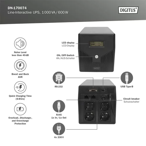 Digitus DN-170074 1000VA LCD szünetmentes tápegység