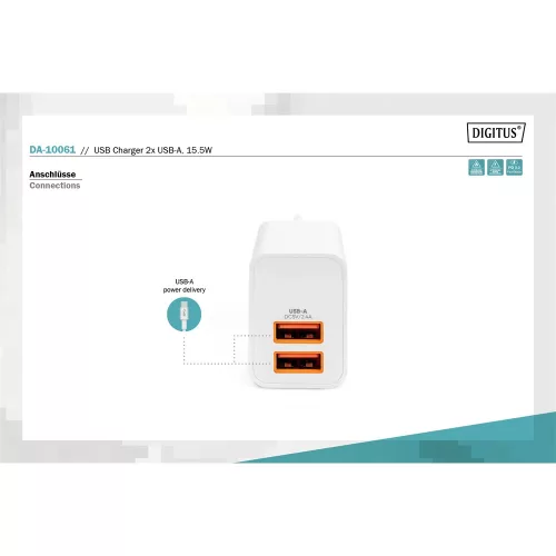 DIGITUS DA-10061 2 port USB Type-A 15.5W töltőadapter