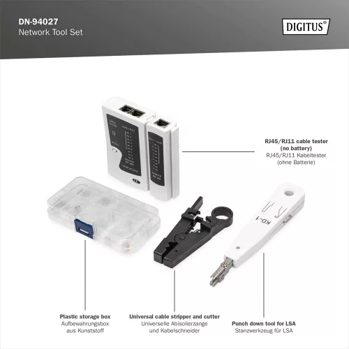 Digitus szerszámkészlet (kábelteszter, krimpelő, kábelcsupaszító és betűzőszerszám, 12 db-os)