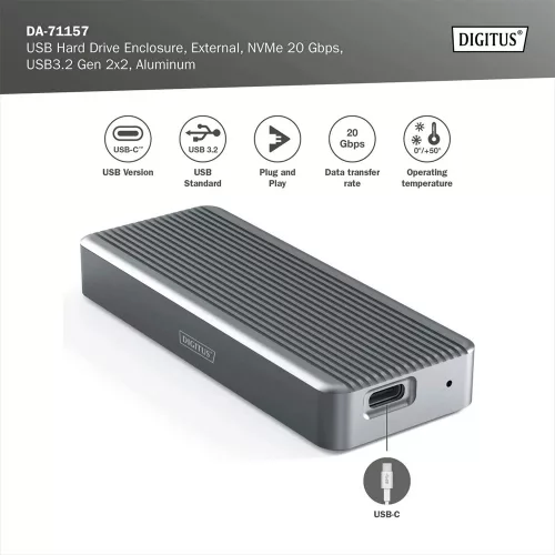 Digitus USB M.2 hard disk enclosure SSD external NVMe 20Gbps USB 3.2 Gen2x2 aluminum