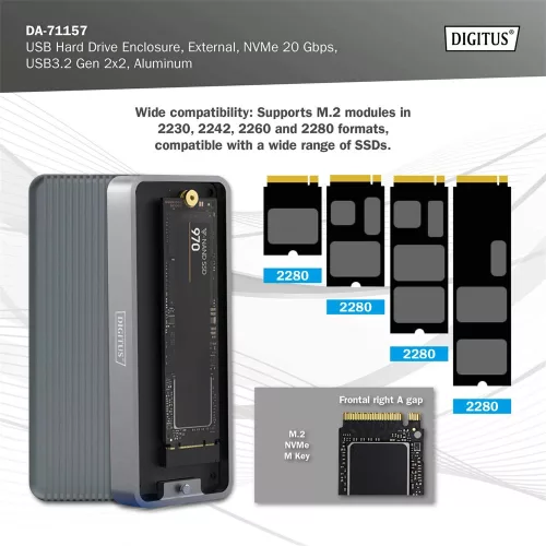 Digitus USB M.2 hard disk enclosure SSD external NVMe 20Gbps USB 3.2 Gen2x2 aluminum