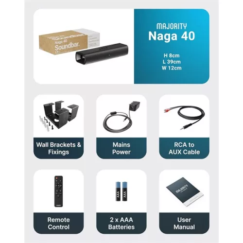 Majority Hangszóró Soundbar - Naga 40 (70W, Bluetooth 5.0, HDMI ARC, AUX, USB, Optikai, Távírányító)