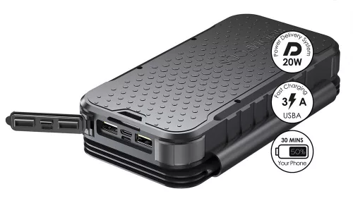 Univerzális hordozható, asztali akkumulátor töltő - Boompods Neutron Solar-Fold Power Bank - 2xUSB + Type-C + PD + QC3.0 - 16.000 mAh - fekete