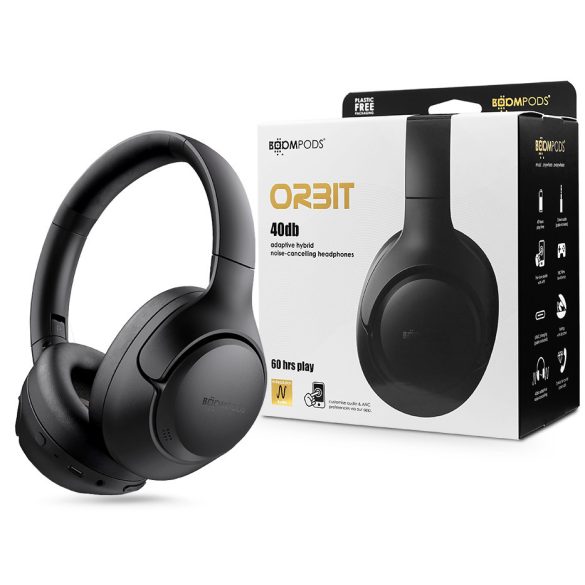 Boompods Wireless Bluetooth sztereó fejhallgató beépített mikrofonnal - Boompods Orbit ANC Wireless Headphones - fekete