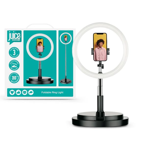 Juice összecsukható Selfie LED körlámpa állvánnyal, telefontartóval - Juice     Social Foldable Ring Selfie Light Stand - fekete