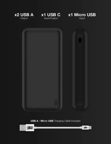 Univerzális hordozható, asztali akkumulátor töltő - Juice ECO 5 Power Bank -    2xUSB + Type-C - 15.000 mAh - fekete