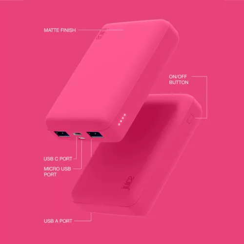 Univerzális hordozható, asztali akkumulátor töltő - Juice ECO 3 Power Bank -    2xUSB +Type-C - 10.000 mAh - rózsaszín