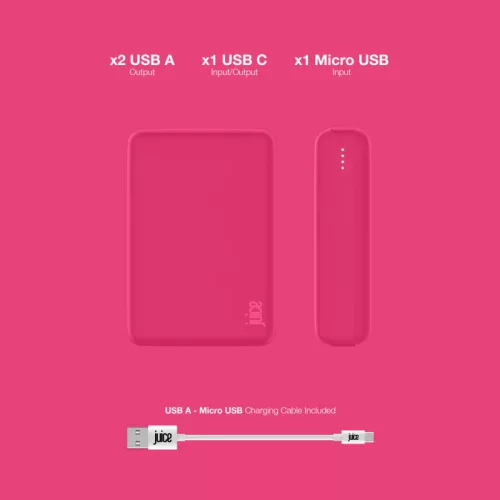 Univerzális hordozható, asztali akkumulátor töltő - Juice ECO 3 Power Bank -    2xUSB +Type-C - 10.000 mAh - rózsaszín