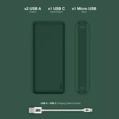 Univerzális hordozható, asztali akkumulátor töltő - Juice ECO 5 Power Bank -    2xUSB + Type-C - 15.000 mAh - zöld