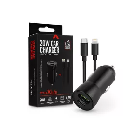   Maxlife szivargyújtós töltő adapter USB + Type-C bemenettel + Type-C - Lightningkábel - 20W - Maxlife MXCC-04-20WAC PD3.0 + QC3.0 Car Charger - fekete