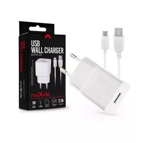   Maxlife USB hálózati töltő adapter + USB - Type-C kábel 1 m-es vezetékkel -     Maxlife MXTC-01 USB Wall Charger - 5V/2,1A - fehér