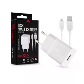  Maxlife USB hálózati töltő adapter + USB - Lightning kábel 1 m-es vezetékkel -  Maxlife MXTC-01 USB Wall Charger - 5V/1A - fehér