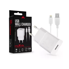   Maxlife USB hálózati töltő adapter + USB - Lightning kábel 1 m-es vezetékkel -  Maxlife MXTC-01 USB Wall Charger - 5V/2,1A - fehér