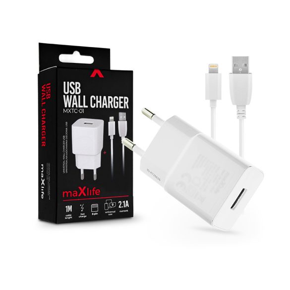 Maxlife USB hálózati töltő adapter + USB - Lightning kábel 1 m-es vezetékkel -  Maxlife MXTC-01 USB Wall Charger - 5V/2,1A - fehér