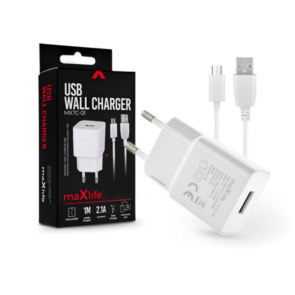 Maxlife USB hálózati töltő adapter + USB - micro USB kábel 1 m-es vezetékkel -  Maxlife MXTC-01 USB Wall Charger - 5V/2,1A - fehér