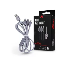   Maxlife USB töltő- és adatkábel 1 m-es vezetékkel - Maxlife 3in1 for            Lightning/microUSB/Type-C USB Cable - 5V/2A - ezüst