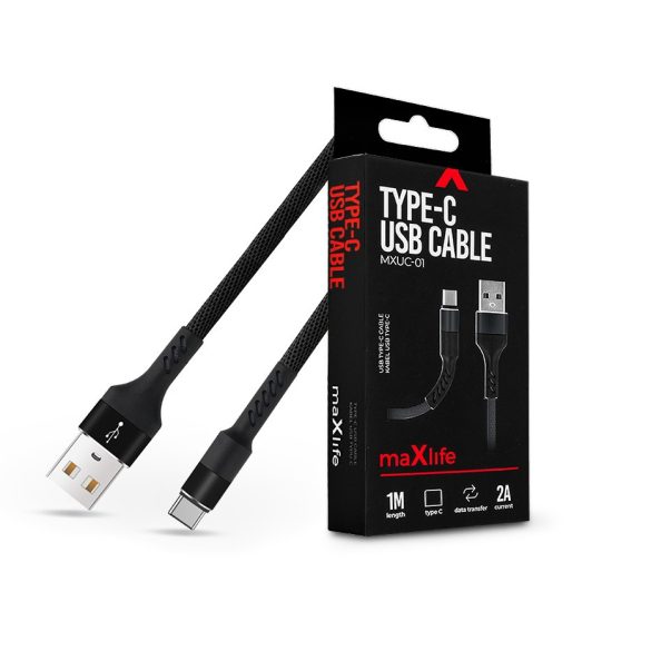 Maxlife USB - USB Type-C adat- és töltőkábel 1 m-es szövet vezetékkel - Maxlife MXUC-01 USB Type-C Cable - 5V/2A - fekete