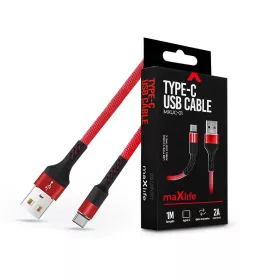   Maxlife USB - USB Type-C adat- és töltőkábel 1 m-es szövet vezetékkel - Maxlife MXUC-01 USB Type-C Cable - 5V/2A - piros/fekete