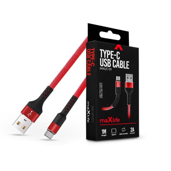 Maxlife USB - USB Type-C adat- és töltőkábel 1 m-es szövet vezetékkel - Maxlife MXUC-01 USB Type-C Cable - 5V/2A - piros/fekete
