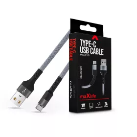   Maxlife USB - USB Type-C adat- és töltőkábel 1 m-es szövet vezetékkel - Maxlife MXUC-01 USB Type-C Cable - 5V/2A - szürke/fekete