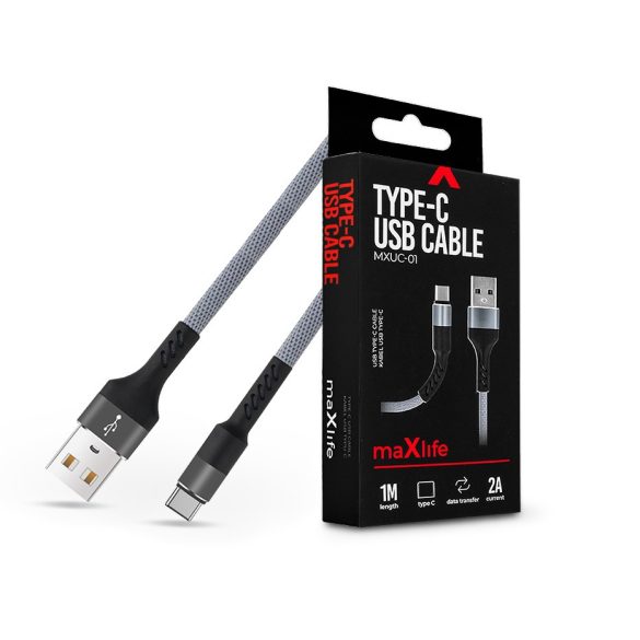 Maxlife USB - USB Type-C adat- és töltőkábel 1 m-es szövet vezetékkel - Maxlife MXUC-01 USB Type-C Cable - 5V/2A - szürke/fekete
