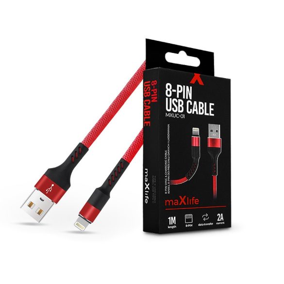Maxlife USB - Lightning adat- és töltőkábel 1 m-es szövet vezetékkel - Maxlife  MXUC-01 8-PIN USB Cable - 5V/2A - piros/fekete