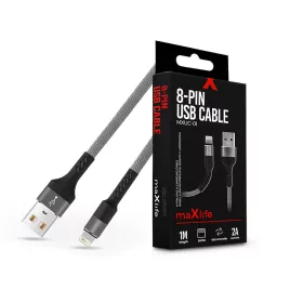   Maxlife USB - Lightning adat- és töltőkábel 1 m-es szövet vezetékkel - Maxlife  MXUC-01 8-PIN USB Cable - 5V/2A - szürke/fekete