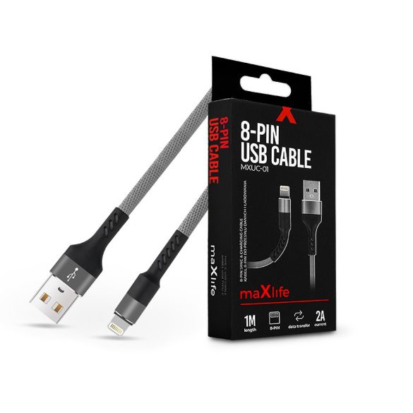 Maxlife USB - Lightning adat- és töltőkábel 1 m-es szövet vezetékkel - Maxlife  MXUC-01 8-PIN USB Cable - 5V/2A - szürke/fekete
