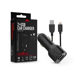   Maxlife 2xUSB szivargyújtó töltő adapter + USB - Lightning kábel 1 m-es         vezetékkel - Maxlife  MXCC-01 Lightning 2xUSB Car Fast Charger - 5V/2,4A -      fekete
