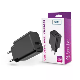   Setty hálózati töltő adapter Type-C + USB bemenettel - 20W - Setty USB/USB-C    Wall Charger PD3.0  - fekete
