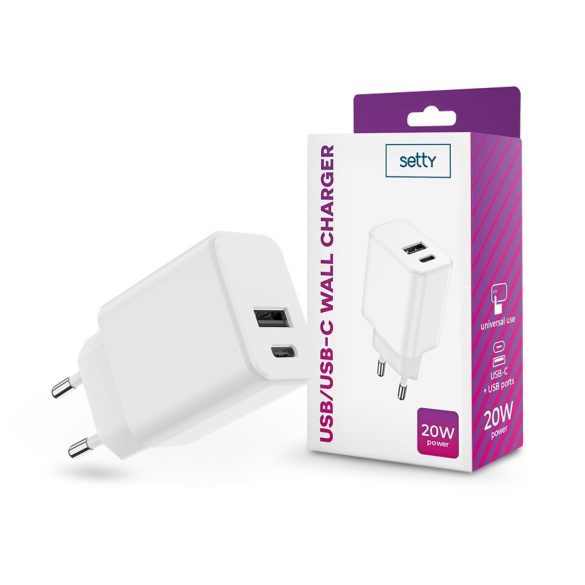 Setty hálózati töltő adapter Type-C + USB bemenettel - 20W - Setty USB/USB-C Wall Charger PD3.0  - fehér