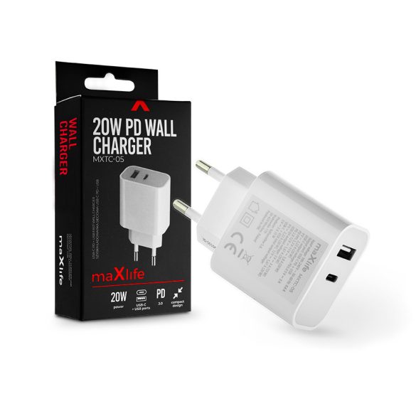 Maxlife hálózati töltő adapter Type-C + USB bemenettel - 20W - Maxlife MXTC-05  Wall Charger PD3.0  - fehér