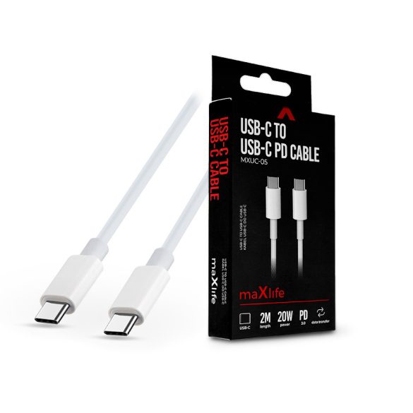 Maxlife Type-C - Type-C adat- és töltőkábel 2 m-es vezetékkel - Maxlife MXUC-05 USB-C to USB-C PD3.0 Cable - 20W - fehér